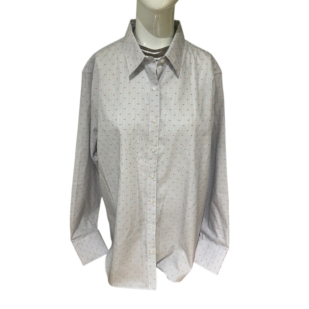 LANDS END Womens Button TOP Long Sleeve BLUE Orange White No Iron Size‎ 18